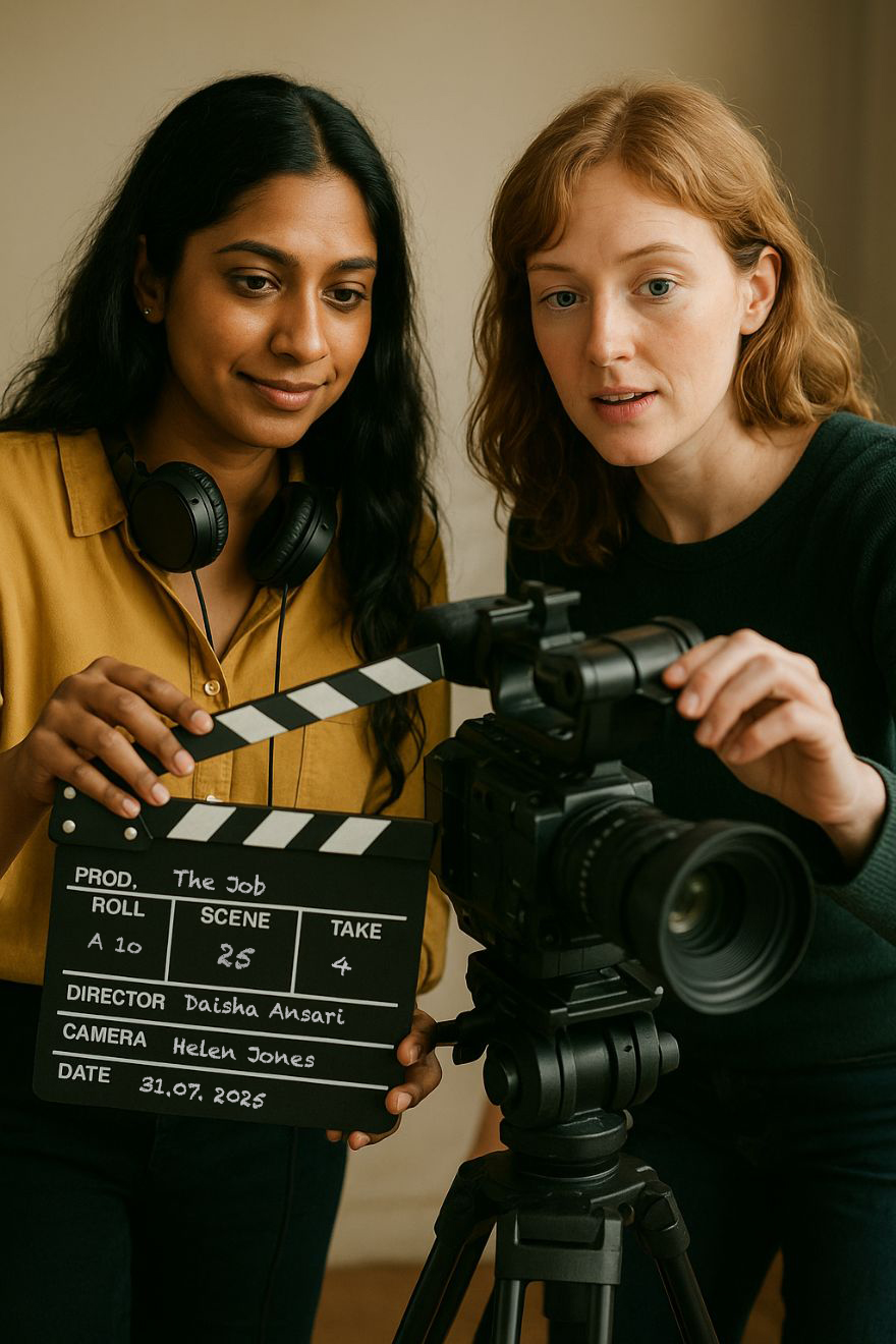 Film crew collaboration with camera and clapper board